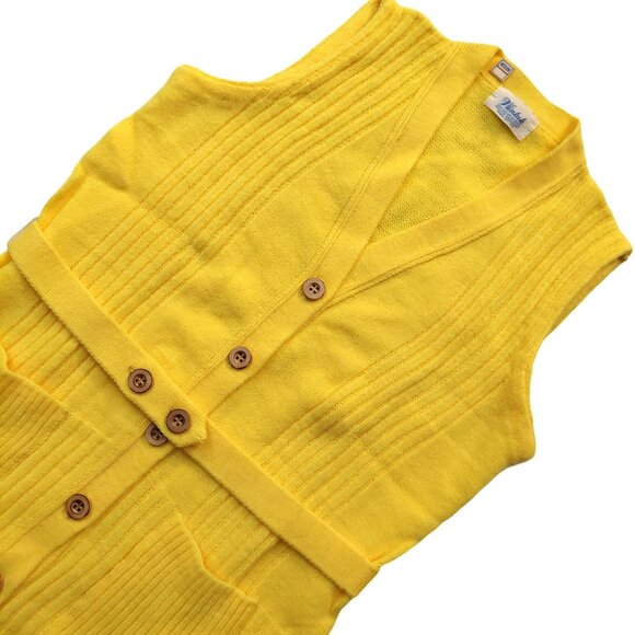 Vintage 1960s Bright Yellow Sleeveless Belted Knit Cardigan Sweater Vest Pockets - Picture 5 of 11